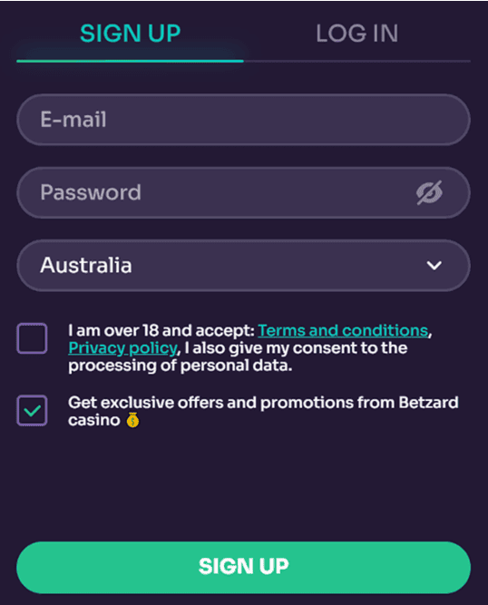 Registration at Betzard casino